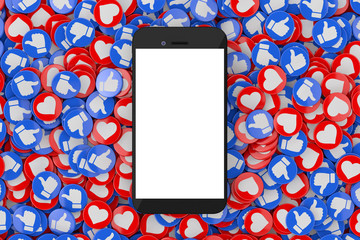 Aufkleber - Mobile Phone with Blank Screen over Heap of Social Media Network Love and Like Heart Badges Coins Background Texture. 3d Rendering