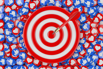Aufkleber - Darts Hitting The Target over Heap of Social Media Network Love and Like Heart Badges Coins Background Texture. 3d Rendering