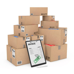 Aufkleber - Clipboard with Invoice Paper and Pen near Heap Boxes of Goods. 3d Rendering