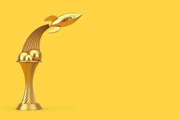 Poster - Space Exploration Concept. Golden Award Trophy Fly Up Rocket. 3d Rendering