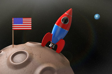 Poster - USA Flag with Rocket over Abstract Planet in Space. 3d Rendering