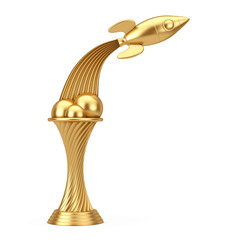 Poster - Space Exploration Concept. Golden Award Trophy Fly Up Rocket. 3d Rendering