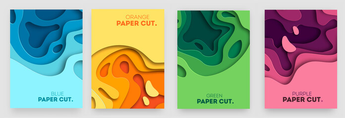 Aufkleber - Vertical banners set with 3D abstract background and paper cut shapes. Vector design layout for business presentations, flyers, posters and invitations. Colorful carving art