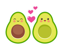 Cute Avocado Couple. Cartoon Valentines Day Greeting Card. Vector Funny Picture.