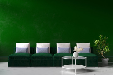 Home interior mock-up with green sofa, table and decor in living room, 3d render