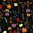 © MSNTY_STUDIOX - Dark Summer night Vector many kind of wild flowers seamless beautiful on black color background, pattern for fashion and all prints