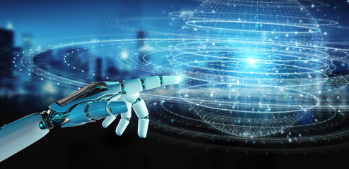 Wall Mural - white robot hand using digital sphere connection hologram 3d rendering