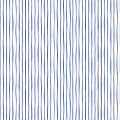 Blue Thin Hand Drawn Wavy Uneven Vertical Stripes On White Backrgound Vector Seamless Pattern. Classic Abstract Geo