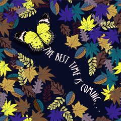 Wall Mural - The best time is coming with butterfly flying through autumn winter leaves seamless pattern vector