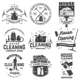 Fototapeta Sawanna - Cleaning company badge, emblem. Vector illustration. Concept for shirt, stamp or tee. Vintage typography design with cleaning equipments. Cleaning service sign for company related business