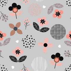 Wall Mural - Geometric floral and hand paint polka dot and line seamless pattern in modern style. flower motif in vector illustration design for fashion,fabric and all prints