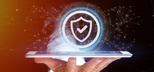 Poster - Man holding a Shield web security concept 3d rendering