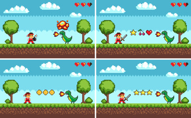 Aufkleber - Duel between man and dragon, standing on grass near trees and bushes with stars and cherry with hearts. Set of screens of different level pixel game vector
