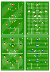 Set of four football fields with a different scheme of players on the field