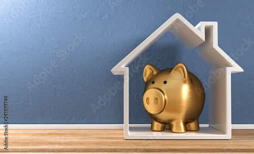 Fotomural 3D Illustration goldenes Sparschwein Haus