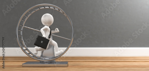 Fotografía 3D Illustration weißes Männchen mit Hamsterrad auf Holzboden