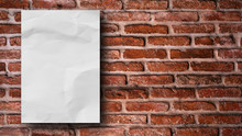 Mock Up Crumpled Paper Poster Frame On Red Vintage Retro Brick Wall Background Texture For Design And Decorate Interior Concept 