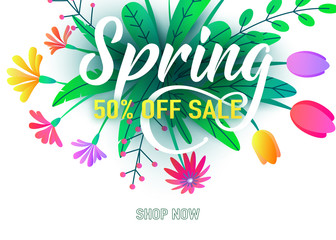 Poster - Spring sale banner vector background with flat minimal flowers, leaves, lettering sign. Floral springtime graphic design illustration