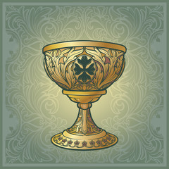 Holy Grail. Symbol of spiritual insight in the romantic literature. Medieval gothic style concept art . Vintage color palette. Isolated on a Decorative floral background. EPS10 vector illustration