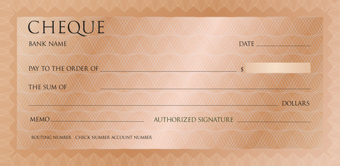 Wall Mural - Luxury pink gold cheque template with vintage guilloche. Bronze Check, checkbook template pattern with watermark. Copper background for banknote design, gift certificate, voucher, coupon, ticket