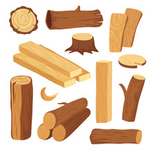 Cartoon Timber. Wood Log And Trunk, Stump And Plank. Wooden Firewood Logs. Hardwoods Construction Materials Vector Isolated Set. Illustration Of Firewood And Timber Natural