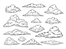Sketch Clouds. Hand Drawn Sky Cloudscape. Outline Sketching Cloud Vintage Vector Collection. Illustration Of Cloud Shape Of Collection