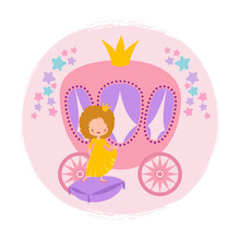 Cartoon Character Cute Little Princess And Coach Card Vector Template. Illustration Of Princess Girl In Pretty Dress Costume