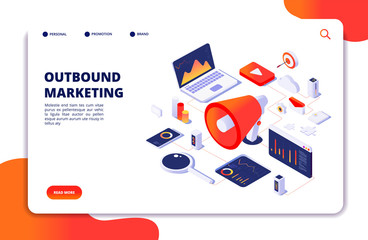 Poster - Outbound marketing. Seo pr roi crm online communication. Social media promotion landing vector webpage. Illustration of marketing optimization outbound