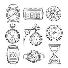 Poster - sketch clock. doodle watch, alarm and timer, sand clock hourglass. hand drawn time vector vintage is