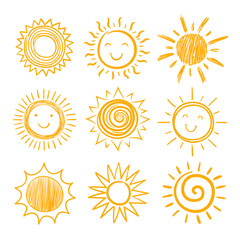 sketch sun icons. hand drawn sunshine. summer morning sunrise. doodle vector warming symbols isolate
