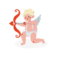 Poster - Cute Funny Cupid Aiming at Someone with Arrow of Love, Amur Baby Angel, Happy Valentine Day Symbol Vector Illustration