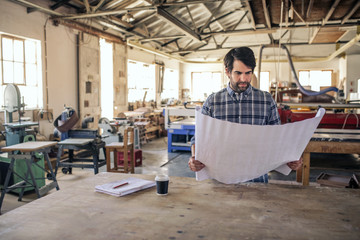 Wall Mural - Woodworker reading design blueprints by a workshop table