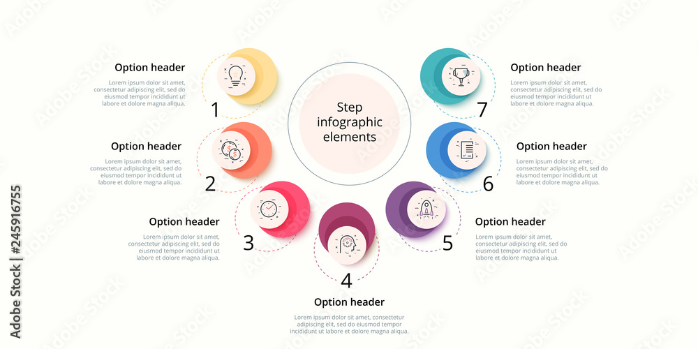 Business process chart infographics with 7 step circles. Circular ...