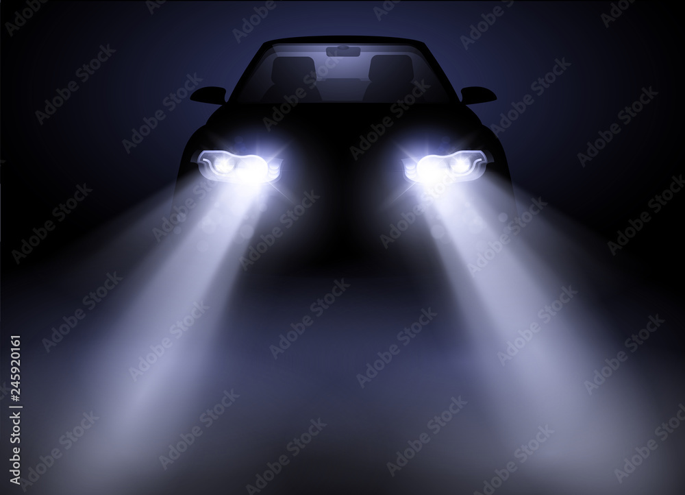 Bright and modern auto generic car headlights shining through fog at night. Vector illustration. - obrazy, fototapety, plakaty 