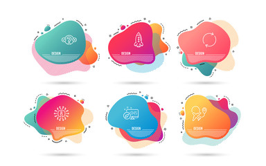 Poster - Dynamic liquid shapes. Set of Quiz test, Rocket and Full rotation icons. Airplane sign. Select answer, Spaceship, Refresh or reload. Plane.  Gradient banners. Fluid abstract shapes. Vector