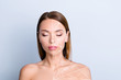 © deagreez - Product advertising antiage concept. Close-up portrait of nice cute attractive lady perfect shine flawless clean clear facial closed eyes structure isolated over gray blue pastel background