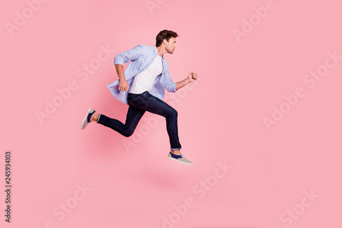 Cuadros en Lienzo Full length side profile body size photo of jumping high he his him handsome run