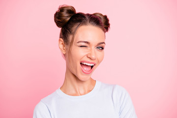 close-up portrait of her she nice cute lovely attractive winsome cheerful cheery girl with buns wink
