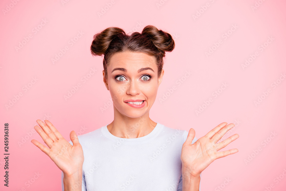 Close-up portrait of nice-looking cute attractive winsome lovely funny cheerful girl biting lip I don't know gesture isolated over pink pastel background - obrazy, fototapety, plakaty 