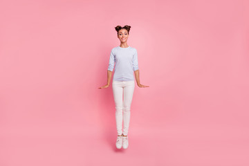 Sticker - Full length body size view portrait of her she nice cute lovely attractive winsome pretty cheerful cheery girl jumping up straight isolated over pink pastel background