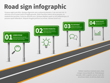 Road Sign Infographic. Banner Traffic Street Route Path, Blank Direction Highways Asphalt Trip Map Gps Car Curved Way