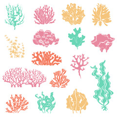 Wall Mural - Seaweed and coral silhouettes. Ocean reef corals, underwater marine plants and aquariums kelp. Deep water seaweed
