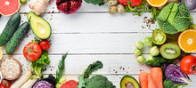 Fresh Vegetables And Fruits On A White Wooden Background. Healthy Organic Food. Top View. Free Copy Space.