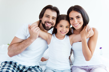 Sticker - Portrait of nice cute sweet tender gentle adorable lovely attractive cheerful people sitting on bed enjoying healthy life in modern white light interior room