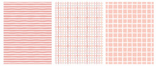 Set Of 3 Hand Drawn Irregular Geometric Patterns. Horizontal White Stripes On A Pink Background. Pink And Beige Grid On A White. White Grid On A Pink. Cute Infantile Repeatable Design.