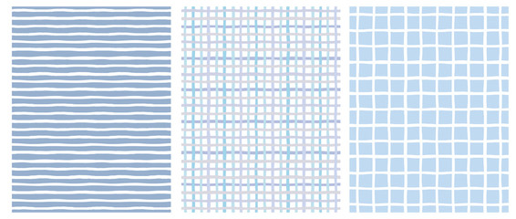 Wall Mural - set of 3 hand drawn irregular geometric patterns. horizontal white stripes on a blue background. blu