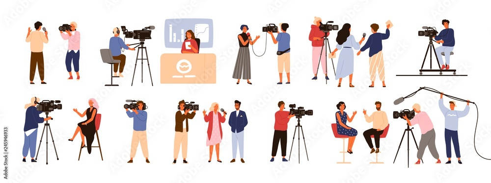 Collection of journalists, talk show hosts interviewing people, news presenters and cameramen or videographers with cameras isolated on white background. Vector illustration in flat cartoon style. - obrazy, fototapety, plakaty 