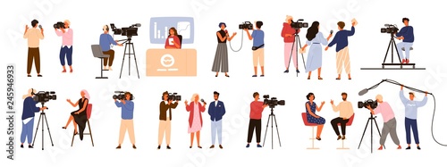 Fotomural Collection of journalists, talk show hosts interviewing people, news presenters and cameramen or videographers with cameras isolated on white background