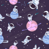 Fototapeta Kosmos - Sweet space seamless pattern with fantasy chocolate cookie, candy, donut, caramel sweets planets and astronaut. Editable vector illustration