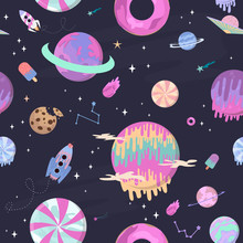 Sweet Space Seamless Pattern With Fantasy Chocolate Cookie, Candy, Donut, Caramel Sweets Planets. Editable Vector Illustration